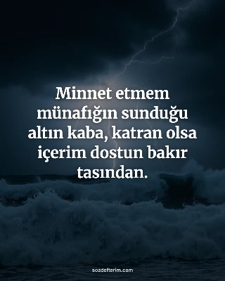 Minnet etmem münafığın sunduğu altın kaba, katran olsa içerim dostun bakır tasın